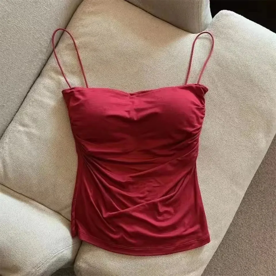 1 pc elegante cintura plissada espartilho-suporte macio fixo almofada no peito sem mangas colete sexy curto topo com alças finas cor sólida
