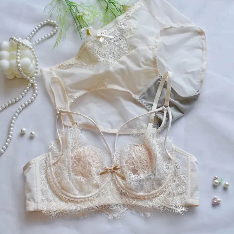Coreano tendência quente puro desejo conjunto de sutiã de renda underwire copo fino push up grande busto visualmente pequeno anti droop lingerie 32-38 quente — image 13