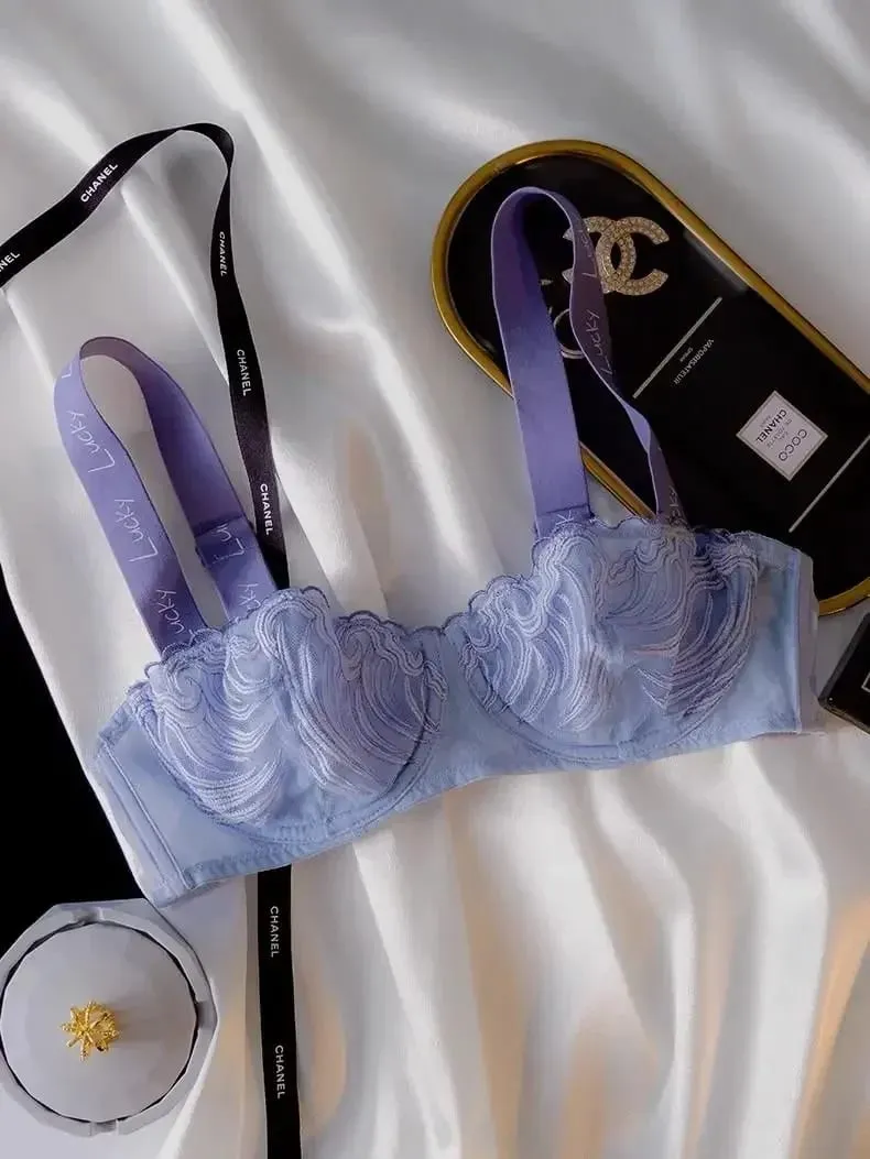 Conjunto de sutiã minimizador de renda francesa – meia xícara de suporte sem fio, bralette transparente de busto completo com costas cruzadas e copas de renda