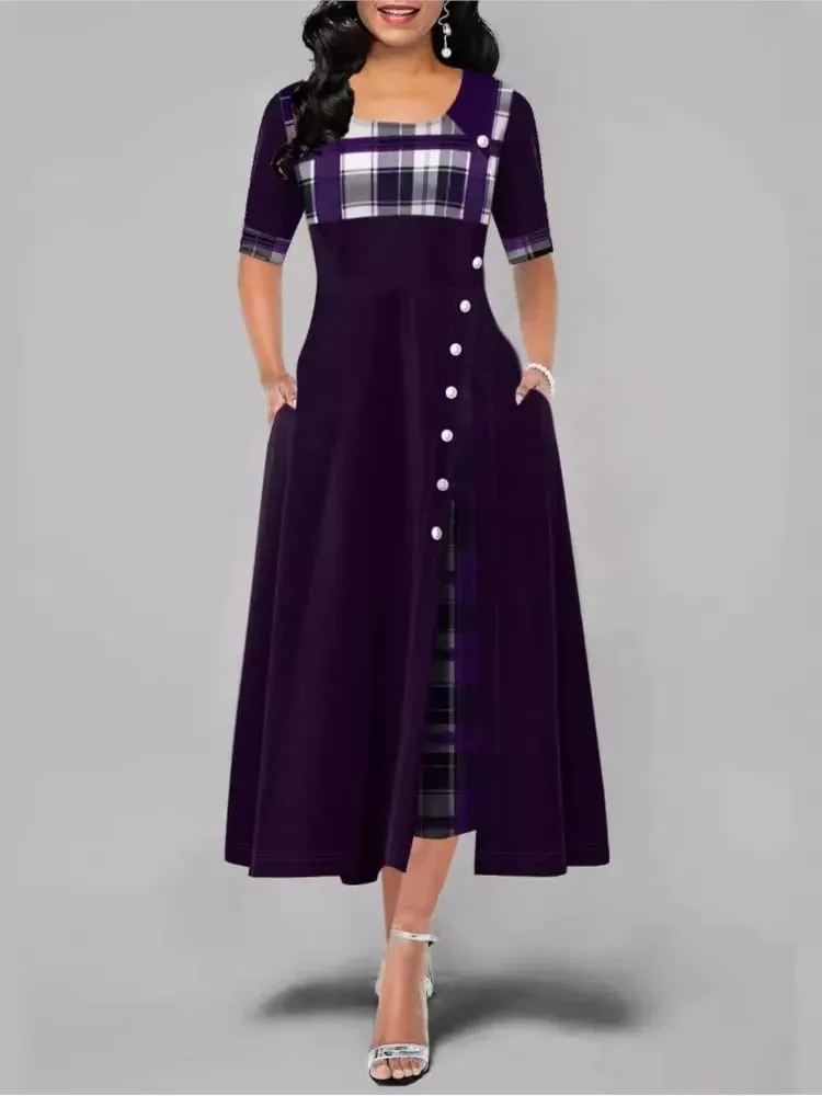 Vestido longo feminino irregular, com retalhos, botões vintage, gola redonda, meia manga, casual, vestido de viagem, moda feminina