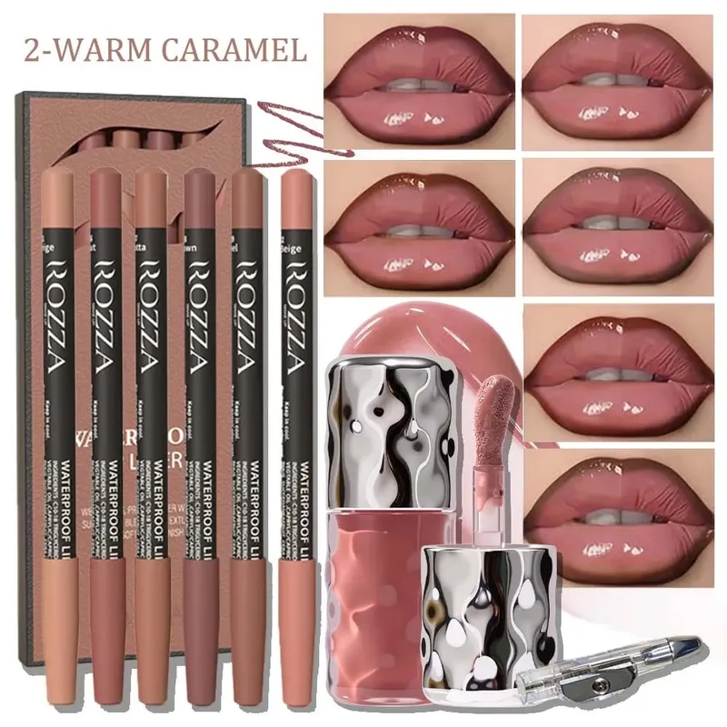 8pcs/set Daily Lip Beauty Set – 6 Blendable Lip Liners 1 Moisturizing Lip Gloss&1 Pencil Sharpener – Soft Long-Lasting Lip Kit