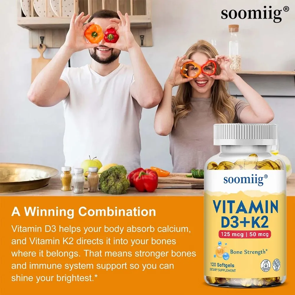 Cápsulas de vitamina D3 + K2 5000IU 120pcs Suplemento vegano de suporte ósseo e imunológico para precisão óssea e saúde geral