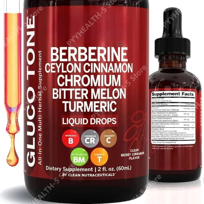 Berberina com Suplemento de Canela do Ceilão Gotas Líquidas + Extrato de Melão Amargo Glucomanano Gymnema Cromo Cúrcuma 60ml