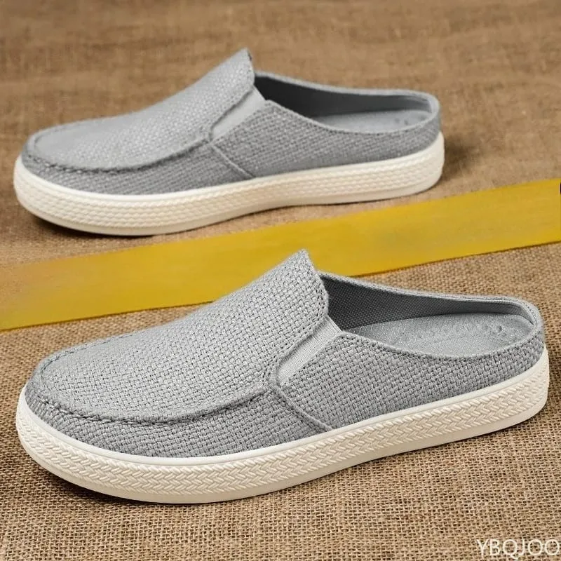 Verão respirável cor sólida versátil e confortável sapatos de pano masculinos de um pé casuais leves meio arrasto mocassins