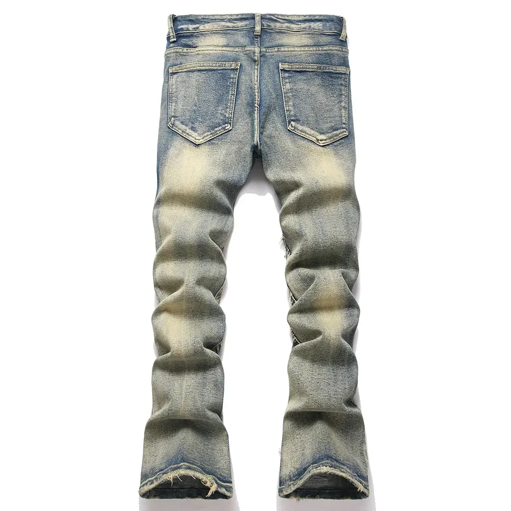Homens bordado remendo boot corte jeans retalhos estiramento denim magro queimado calças vintage azul streetwear