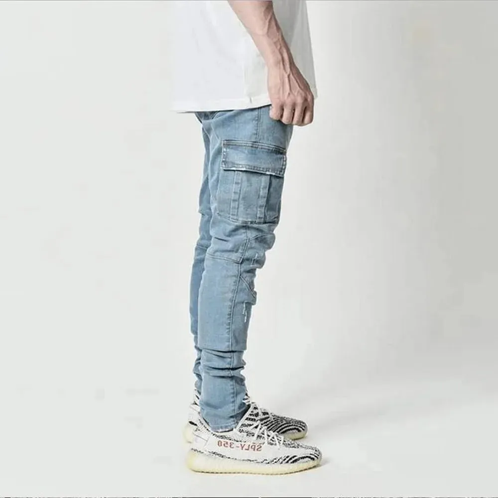 Street Elastic Jeans Men Denim Cargo Pants Wash Solid Color Multi Pockets Casual Mid Waist Trousers Slim Fit Daily Wear Joggers