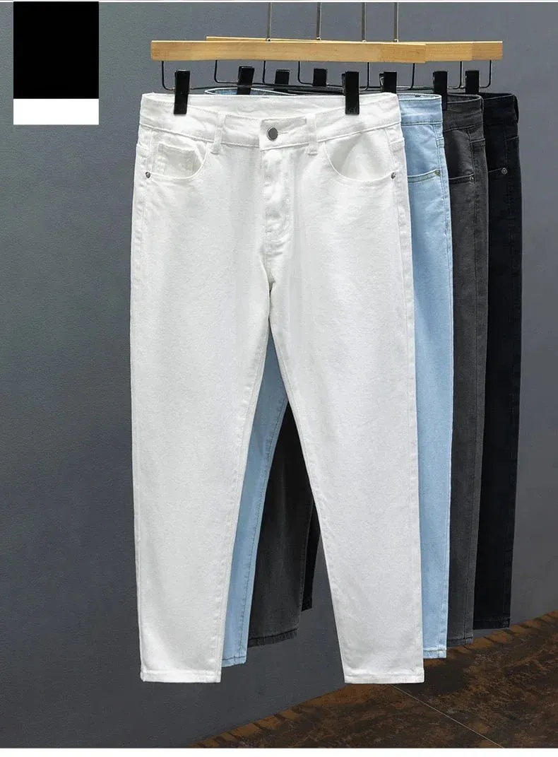Calças de brim masculinas de ajuste fino primavera verão fino algodão macio elástico na moda tornozelo comprimento calças retas coreano simples denim