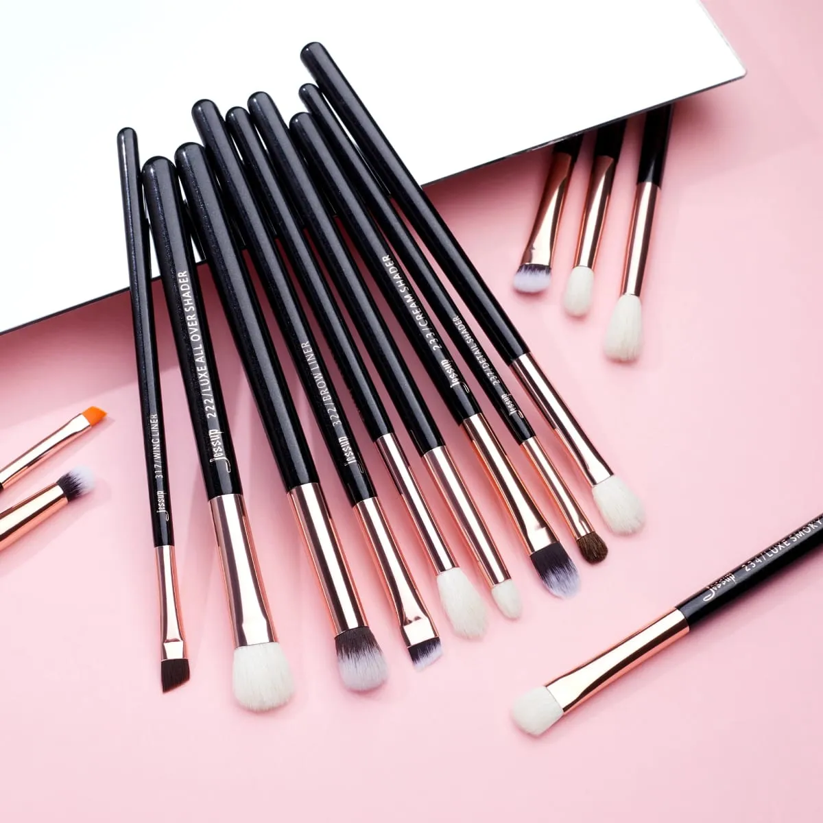 Jessup conjunto de pincéis de maquiagem, 15 peças, kit de ferramentas de pincel de maquiagem, delineador de olhos, cabelo sintético natural, ouro rosa/preto t157