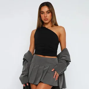 Warna Pepejal Satu Bahu Tanpa Belakang Mengecil T-Shirt Warna Gula-gula Ketat Seksi Tanpa Lengan Tanpa Leher Slim Casaul Top