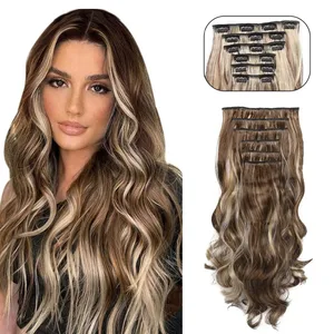 Clip en extensión de cabello sintético ondulado largo, 24 pulgadas, negro, 6 uds., postizos gruesos, pelo de doble trama de fibra para mujeres