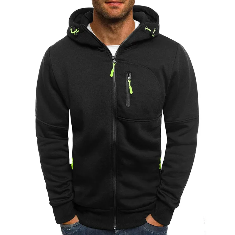 เสื้อกันหนาวผู้ชายเสื้อสเวตเตอร์ถัก Hooded Jacket กระเป๋าซิป Jacquard เสื้อแจ็คเก็ตกีฬาฟิตเนสกลางแจ้งวิ่งกีฬาสีทึบ