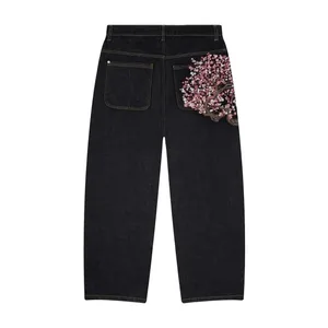 Y2K Baggy Jeans Cherry Blossom Broderi Dongeribukser Menn Kvinner Amerikansk Hiphop Streetwear Denimbukser med brede ben