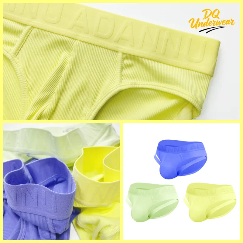 1 Buah Celana Dalam Pria Bergaris Warna Solid ADANNU Logo Timbul Celana Dalam Bikini Harian Nyaman Peregangan Pinggang Elastis AD759