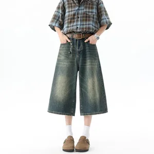 Multi-กระเป๋ากางเกงฤดูร้อนกางเกงยีนส์สั้นกางเกง Hip Hop Streetwear Baggy DENIM กางเกงขาสั้นสบายๆขากว้าง Capris กางเกง 5XL-M