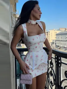 White Pink Floral Choker Neck Dress Babae Elegant V-neck 3/4 Sleeves Peplum Ruffle Hem Long Dresses 2026 Lady Daily Vestidos Bago
