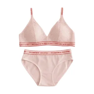 Bra Suit Letter Design Lingerie Set Lace Wireless Women Underwear Suit Deep V Color Blocking Bra Panties Set Girl