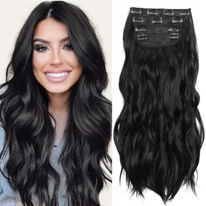 ブラック 20 インチ 4 個厚いヘアピースロング波状天然合成クリップヘアエクステンション女性用