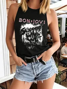 Women's Fashionable Casual Rock Retro Style Band Retro Print Sleeveless Top