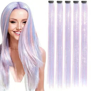 5pcs 24inch Colored Clip in Hair Extensions Long Straight Colorful Highlights Hair Pieces Synthetic Rainbow Hairpieces for women