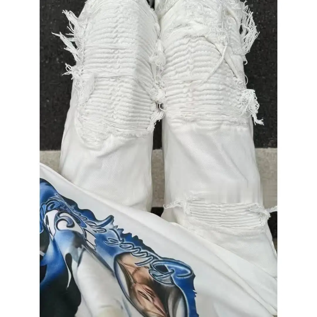 High Street Streetwear Clothing Fog Style Trend Fake Ripped Pleated Jeans Men Summer Cargo Slim Bootcut Designer White Trousers