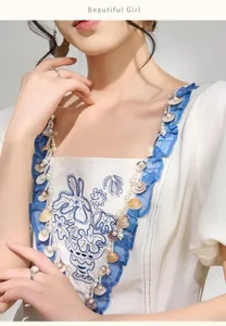 2026 Fashion Vintage Mesh Spliced ​​French Waist Dress Tag-araw Bagong Square Neck Ruffle White Long Dress Para sa Babae，Wholesale Support