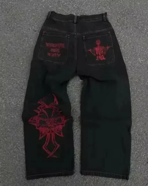 Calças Cargo Masculinas Estilo Gótico Punk com Alças e Fivelas, Jeans Preto com Múltiplos Bolsos, Streetwear Urbano na Moda, Caimento Amplo e Casual