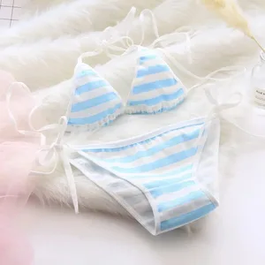 2 STKS Vrouwen Bh Slipje Set Sexy Lingerie Katoen Naadloze Kawaii Bikini Lace-up Strap Blauw Wit Gestreept Pak Vrouwelijk ondergoed