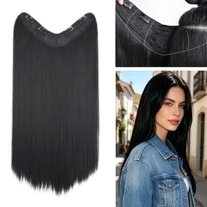 24 Inch Synthetische 4-Clip V-vormige Lange Rechte Haarverlenging Hittebestendige Vezel Onzichtbare Haarstukje voor Vrouwen Dagelijks Gebruik