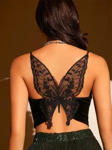 Sexy borboleta bordado malha veludo cami topo feminino clube sólido decote em v sem mangas espaguete cinta colheita topo roupas de festa 2023