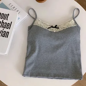 Sommarväst för kvinnor ärmlös spets utan axel Sexig slimmad topp med bröstdyna Fashionabla linne Y2K vadderad camisole för kvinnor