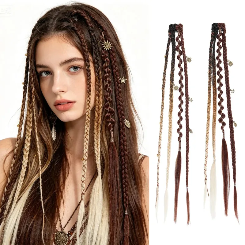 Clipe em extensões de cabelo trançado para mulheres 20 "Boho Dreadlock Clipe em tranças com miçangas e amuletos 2 peças de cabelo sintético trançado