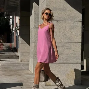 Ahagaga Fashion Pambabaeng Dresses Solid Straps Bandage Regular Causal V-Neck Walang Manggas Summer Kamisol Loose Sweet Femlae Vestido