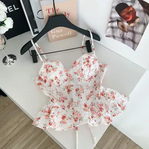 Sexig smal korsett med volangtryck Chic koreansk Camis Linne Basic Mode Off Shoulder Sommar Kläder för kvinnor