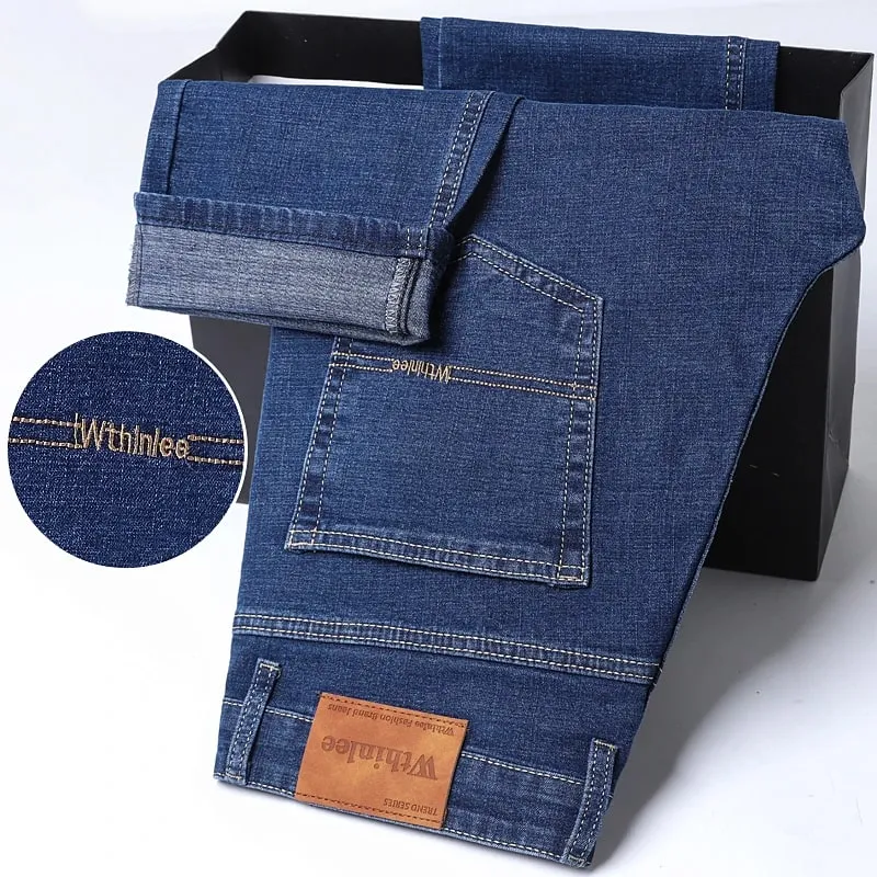 2026 reta regular azul fino ajuste estiramento denim calças primavera outono masculino clássico jeans de negócios moda masculina jeans inteligentes
