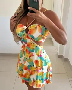 Floral Print Halter Neck Cutout Mini Dress Beach Bakasyon Cover Up