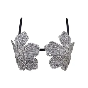 Handmade crystal bra flower embroidery inlaid metal rhinestones short top sexy women beach pool yacht sea party