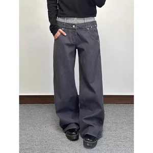 กางเกงยีนส์ผู้ชายกางเกงผู้ชายหลวม Fit ขากว้างสีดำ High Street Denim ผ่อนคลายตรงสบายๆฤดูใบไม้ผลิกางเกงอิดโรย