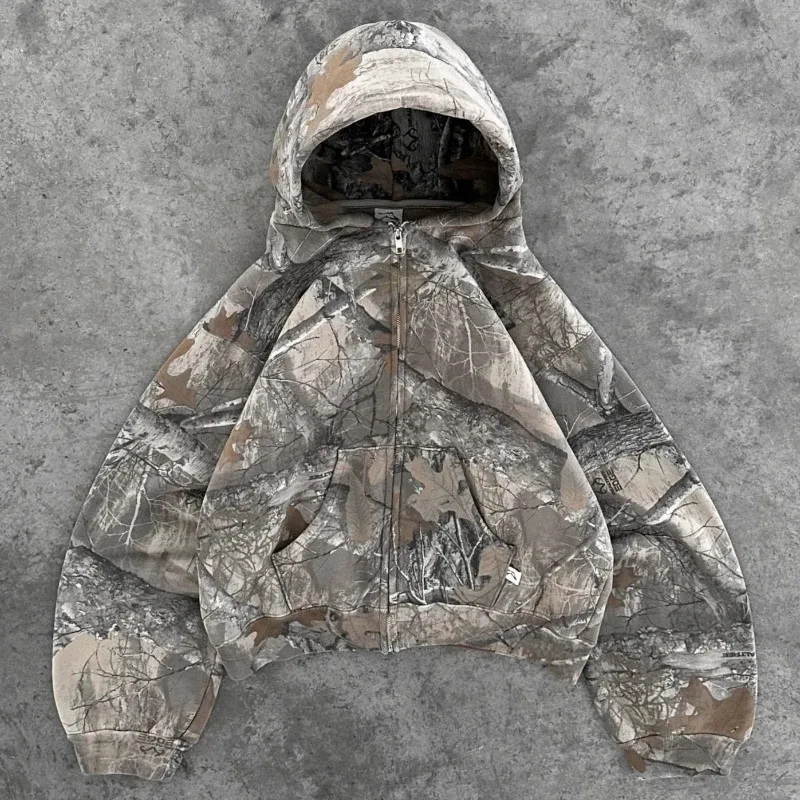 Y2K Retro zip up Hoodie Men Camouflage รูปแบบซิปเสื้อกันหนาว High Street Hip Hop Streetwear ขนาดใหญ่ Unisex Camo Hoodie