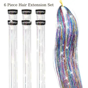 Oropel para el cabello, paquete de 6 uds. De oropel para el cabello con Clip, 20 pulgadas, oropel con purpurina colorida, extensiones de cabello, regalo de Festival, postizo de hada